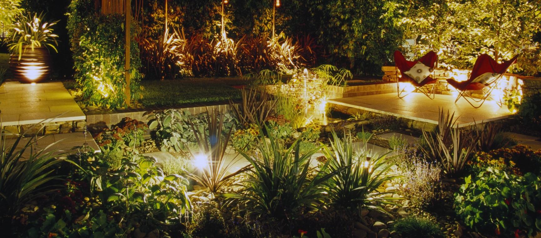 A garden lit up with battery powered lights | Getty