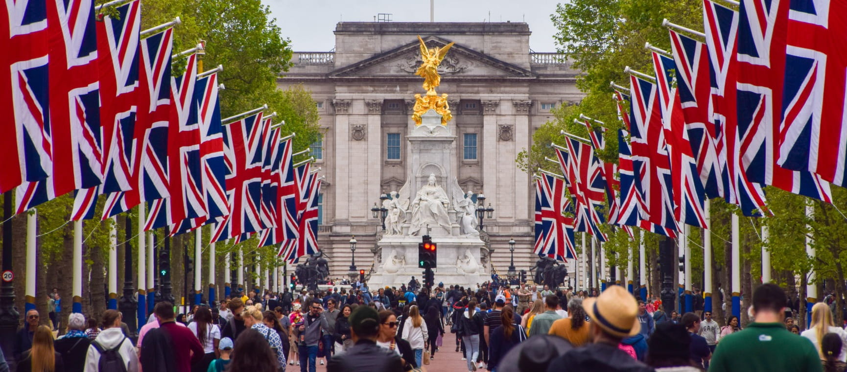 Union Jack flags on The Mall leading to Buckingham Palace, London